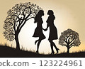 Silhouette illustration of two women holding hands and having fun outdoors with trees 123224961