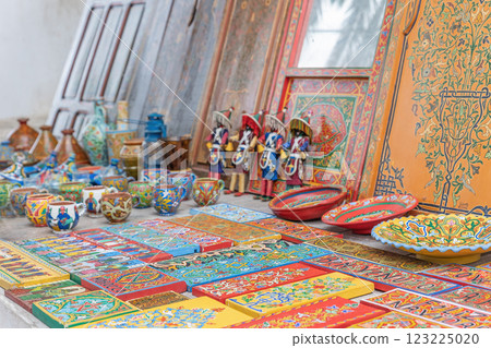 Closeup view of souvenirs on display for tourists. Rabat. Morocco. 123225020