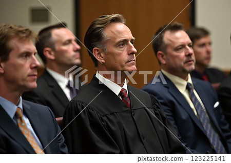 Serious Lawsuit Proceedings in the Courtroom with a Focused Judge and Attendees 123225141