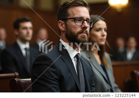 Serious Participants in a Lawsuit Sitting in Courtroom During Legal Proceedings 123225144
