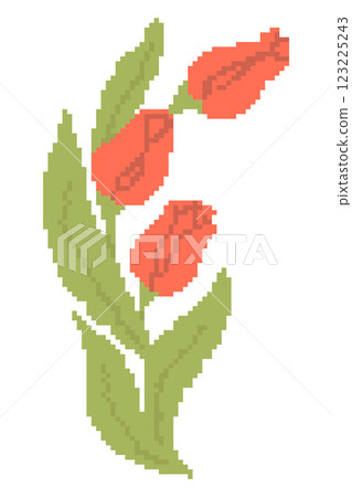 Pixel Art Spring Red Tulips Bouquet in retro 8-bit style. Vector illustration. Y2k trendy pixelated stickers. Inspired by retro video game aesthetics. Mood of 90's aesthetics. Springtime 123225243