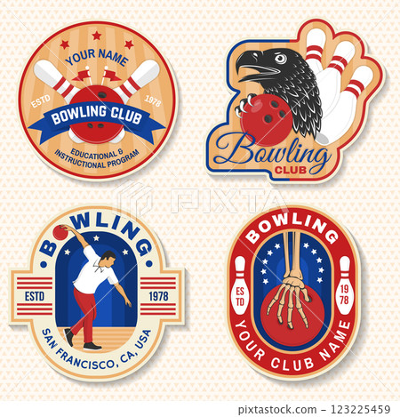 Bowling sports club stickers, logos, badges design. Vintage design with eagle, skeleton hand, bowling pins and ball silhouette. Vector. 123225459
