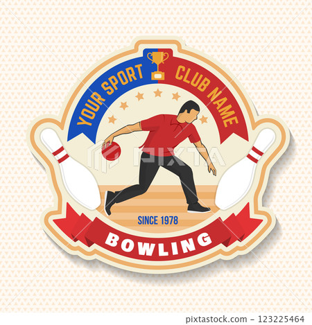 Bowling sports club sticker, logo, badge design. Vintage design with bowling pins and ball silhouette. Vector. 123225464