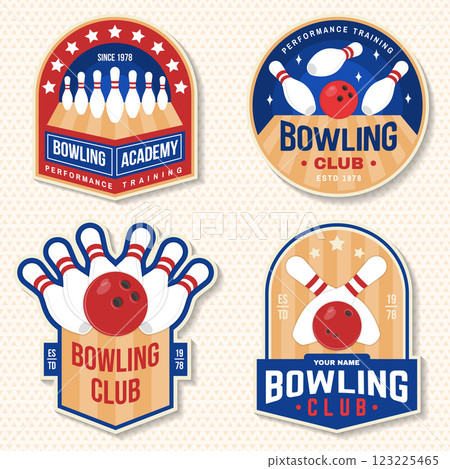Bowling sports club stickers, logos, badges design. Vintage design with bowling pins and ball silhouette. Vector. 123225465