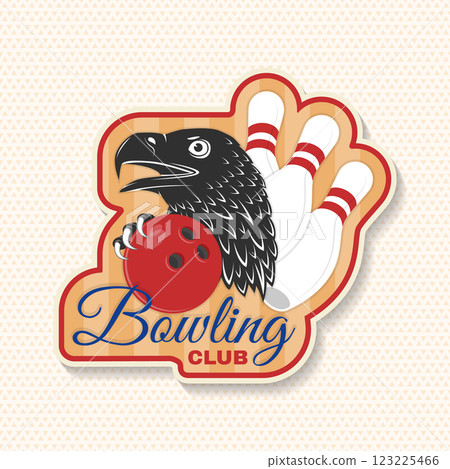 Bowling sports club sticker, logo, badge design. Vintage design with eagle and bowling ball silhouette. Vector. 123225466