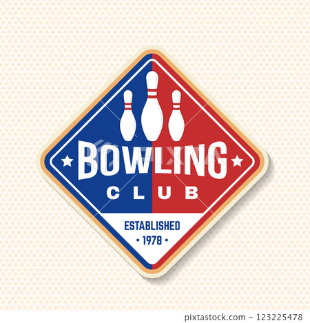 Bowling Academy sports club stickers, logo, badge design. Vintage design with bowling pin silhouette. Vector. 123225478
