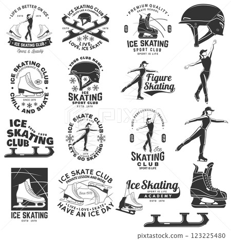 Set of Ice Skate club, academy logo, badge design. Concept for shirt or logo, print, stamp or tee with skate, skates blades and helmet . Winter sport. Vector illustration. 123225480