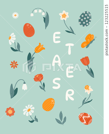 Easter greeting card. Background with spring flowers and Easter eggs. Vector illustration in a flat style. 123225515