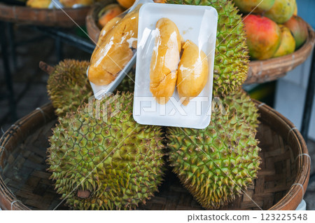 Durian fruit on counter at the Asian food market in Asia in Vietnam 123225548
