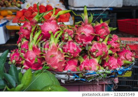 fresh dragon fruit or pitahaya at Asian food market in Asia in Vietnam 123225549