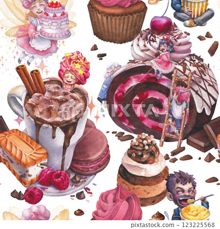 Seamless watercolor pattern of cute little sweet tooth characters and various giant desserts 123225568