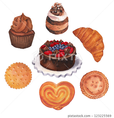 Watercolor collection of various pastry treats, such as cake, cupcake, bun, cookie, croissant and pie 123225569