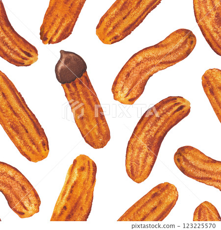 Seamless watercolor pattern of sweet fried sugar churros 123225570
