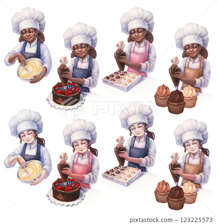 Cute smiling girls are piping whipped cream onto a chocolate cake, cupcakes, sweets using a pastry bag and whipping batter 123225573