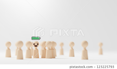 Extrovert concept design of group of wooden people with full battery on white background with copy space 3D render 123225793