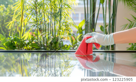 Polishing glass surface surrounded by coca plants and acai palms 123225905