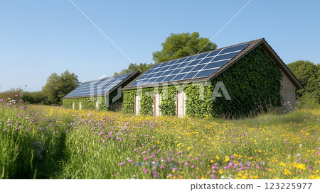 Solar-powered house with greenery walls in golden light 123225977