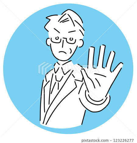 身穿西裝、戴著眼鏡的中年老人擺出左手向前的姿勢 向量插圖 身穿西裝、戴著眼鏡的中年老人擺出左手向前的姿勢 向量插圖 123226277