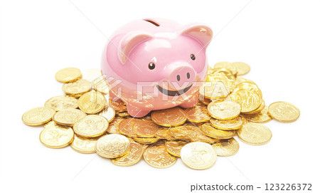 Pig money box surrounded by gold coins 123226372