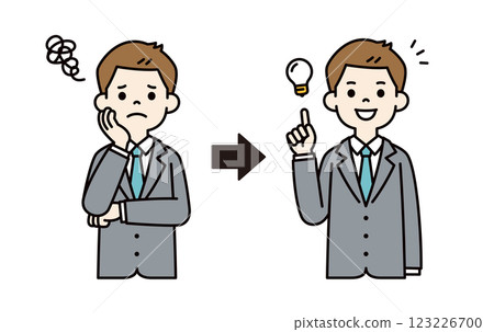 Vector illustration material of a young businessman with a thinking expression and a flash of inspiration_Line width can be edited_Color 123226700