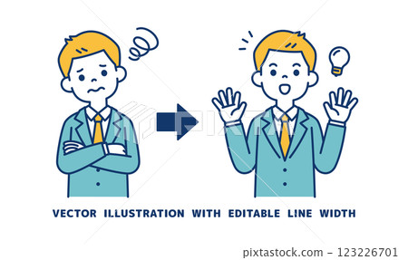 Vector illustration of a young businessman who came up with a way to solve his problems_Line width can be edited Vector illustration of a young businessman who came up with a way to solve his problems_Line width can be edited 123226701