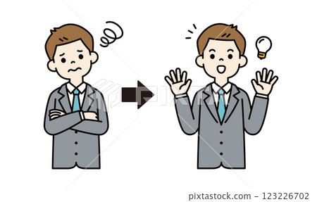 Vector illustration of a young businessman who came up with a way to solve his problems_Line width editable_Color 123226702