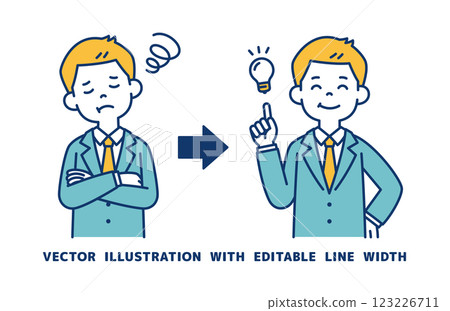 Vector illustration of a young businessman who turns trouble into relief_Line width can be edited 123226711