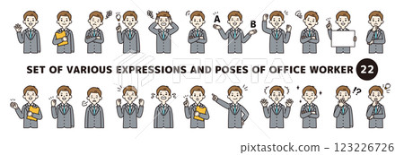 Set of various expressions and poses of young businessmen 2/2_Vector illustration material_Line width can be edited_Color 123226726