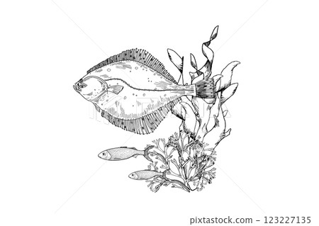 Fish flounder, Coral Reefs, and Flowing Seaweed black white vector Ocean Life illustration. Hand Drawn engraving Marine creatures. Flatfish and sea plants monochrome drawing for Design scrapbooking. Fish flounder, Coral Reefs, and Flowing Seaweed black white vector Ocean Life illustration. Hand Drawn engraving Marine creatures. Flatfish and sea plants monochrome drawing for Design scrapbooking. 123227135