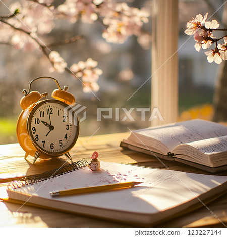 A clock and study set on a table in a stylish cafe 123227144