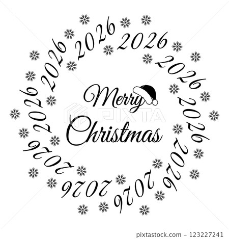 Snowflakes 2026 and Santa cap on Merry Christmas letter lettering. Christmas New Year greeting idea 123227241