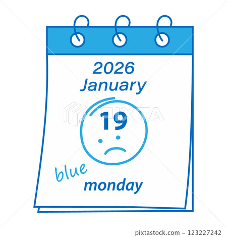 2026 January 19 Calendar pages with sad emoticon and blue inscription Blue Monday Greeting concept 123227242