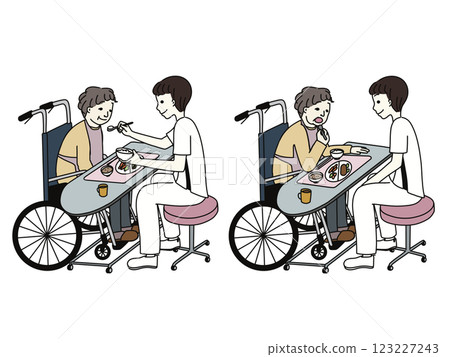 A picture of an elderly person in a wheelchair eating on their own and a healthcare professional assisting them with eating. 123227243