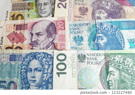 Stack of Croatian Kuna and Polish Zloty 123227480