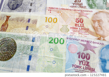 Stack of Danish Kroners and Turkish Liras 123227481