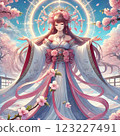 Princess Konohanasakuya with cherry blossoms in full bloom under the blue sky 123227491