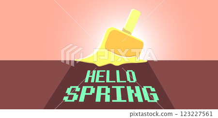 vector hello spring horizontal banner with flat melt ice cream isolated on pink sky background. Hello March Springtime background, poster, flyer and banner 123227561