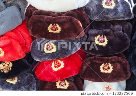 Stack of soviet hats Stack of soviet hats 123227569