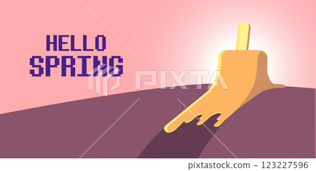 vector hello spring horizontal banner with flat melt ice cream isolated on pink sky background. Hello March Springtime background, poster, flyer and banner 123227596