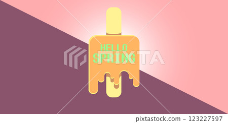 vector hello spring horizontal banner with flat melt ice cream isolated on pink sky background. Hello March Springtime background, poster, flyer and banner vector hello spring horizontal banner with flat melt ice cream isolated on pink sky background. Hello March Springtime background, poster, flyer and banner 123227597