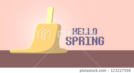 vector hello spring horizontal banner with flat melt ice cream isolated on pink sky background. Hello March Springtime background, poster, flyer and banner 123227598