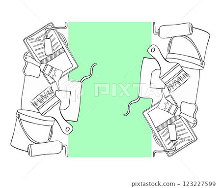 Painter tools oval Frame with graphic line ink vector Paint brushes and rollers.  Black and white illustration with painting and drawing tools.  123227599