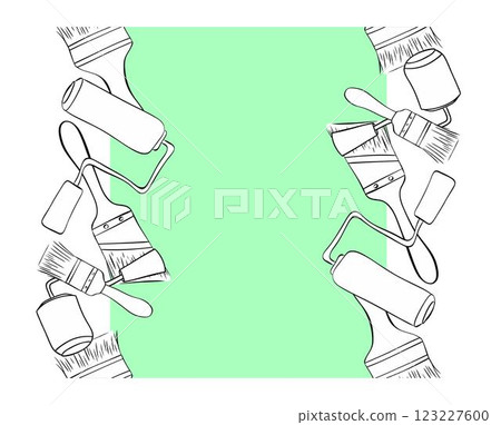 Painter tools brushes and rollers oval frame. Graphic lin ink vector template Trendy modern vector illustration isolated on white, hand drawn Painter tools brushes and rollers oval frame. Graphic lin ink vector template Trendy modern vector illustration isolated on white, hand drawn 123227600