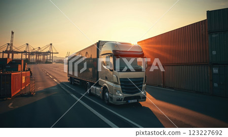semi-track trailer in the evening harbor 123227692
