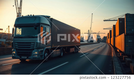 semi-track trailer in the evening harbor semi-track trailer in the evening harbor 123227756