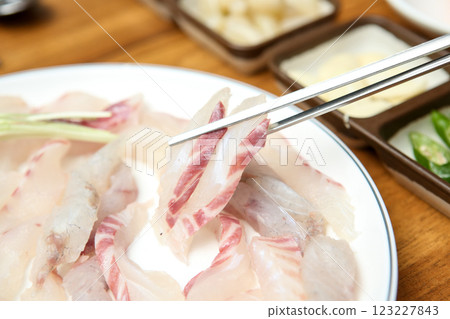 Korean seafood dish. raw fish Sashimi 123227843