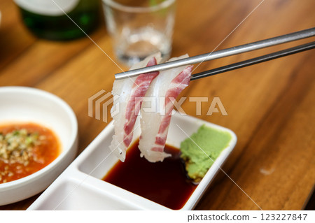 Korean seafood dish. raw fish Sashimi 123227847