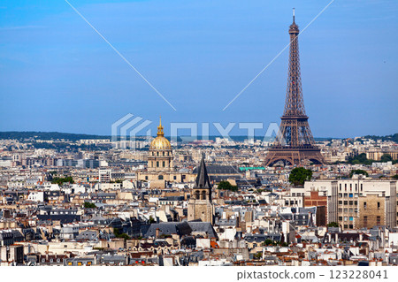 Aerial view of Paris with the Eiffel Tower dwarfing the surrounding buildings 123228041