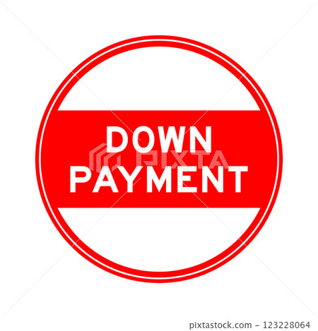 Red color round seal sticker in word down payment on white background 123228064