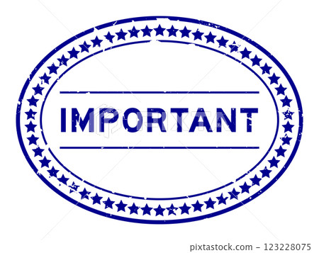 Grunge blue important word oval rubber seal stamp on white background 123228075